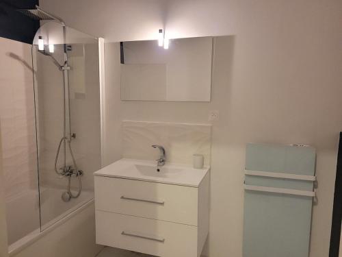 une salle de bain blanche avec un lavabo et une douche dans l'établissement Appartement 2 chambres chaumont centre, à Chaumont