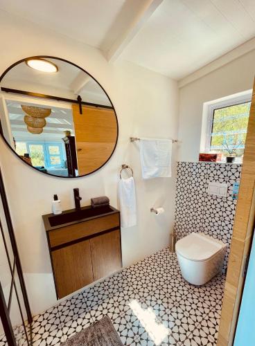 un baño con inodoro y espejo en Sea Views, Hikes & Tranquility Clifftop Cabin, en Plettenberg Bay