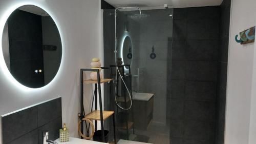 une salle de bain avec une douche, un lavabo et un miroir dans l'établissement L'Oasis, à Berck-sur-Mer