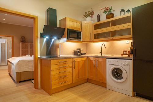 a kitchen with a sink and a washing machine at STING Boutique Apartments in Ostrava
