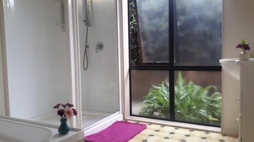 a bathroom with a shower and a bath tub with a window at Jade Bed & Breakfast in Blenheim