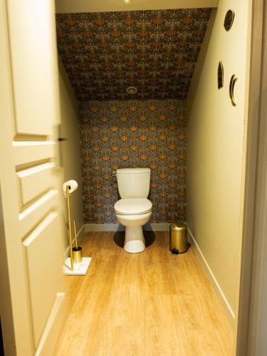 a bathroom with a toilet in a small room at La Longère de Bourgogne in Demigny