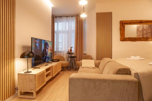 a living room with a couch and a television at STING Boutique Apartments in Ostrava