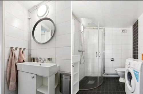 ein Badezimmer mit Waschbecken und Dusche in der Unterkunft Sea Breeze Cottage in Färjestaden