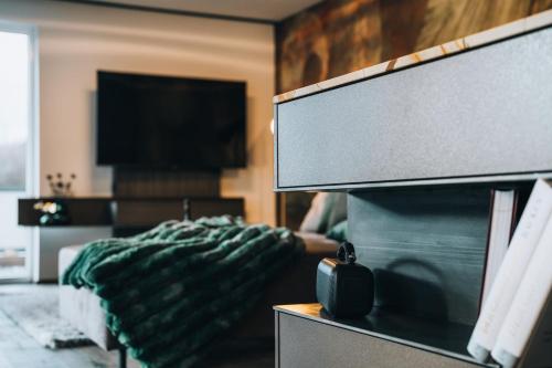 a living room with a bed and a flat screen tv at Lynett Suites in Fliess