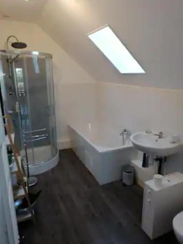 une salle de bain avec une douche, un lavabo et une baignoire dans l'établissement Hameau entier: piscine et discothèque privatives !, à Le Lys-Saint-Georges