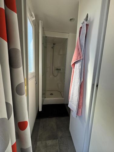une salle de bain avec douche et serviettes accrochées au mur dans l'établissement Grand MobilHome 6 Places Climatisé, à Munster