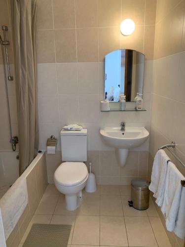 a bathroom with a toilet and a sink and a mirror at Park View Gardens H502 in Peyia