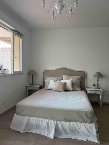 a white bedroom with a large bed with pillows at Studio évasion - SPA, Mer et Calanques in Carnoux