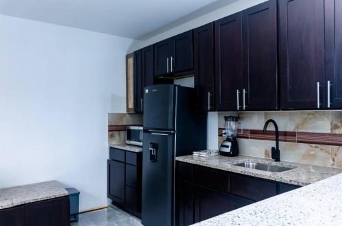 a kitchen with black cabinets and a black refrigerator at Villas Hillside apt 4 in Santa Bárbara de Samaná