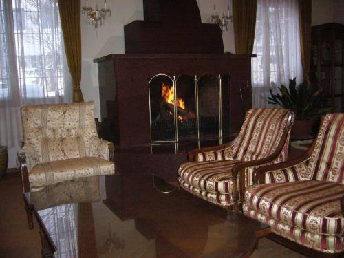 a living room with two chairs and a fireplace at Naeba Springs Hotel in Yuzawa