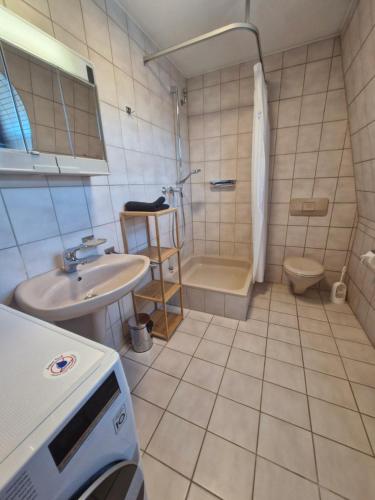 a bathroom with a sink and a shower and a toilet at Stadtvilla Zimmervermietung in Heidenheim