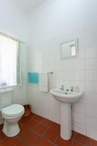 a white bathroom with a toilet and a sink at 4 Rothman Street B&B in Graaff-Reinet