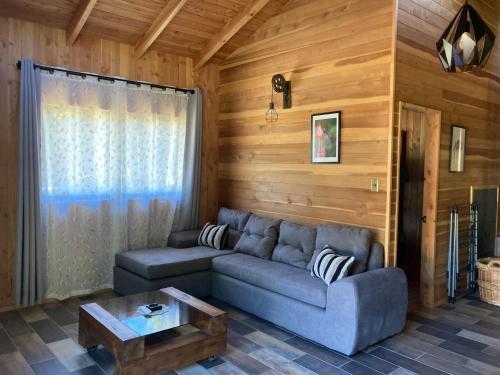 a living room with a couch and a table at Los arrayanes de huife pucon in Termas De Huife