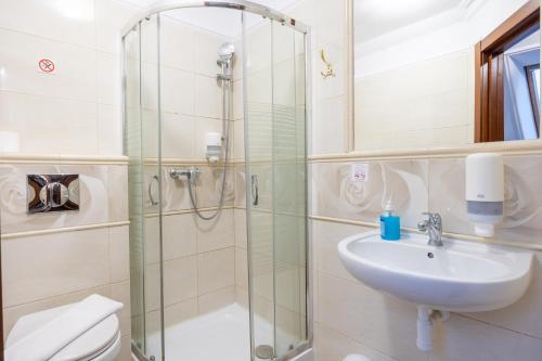 a bathroom with a shower and a sink at Dworek Kurowski in Szczecin