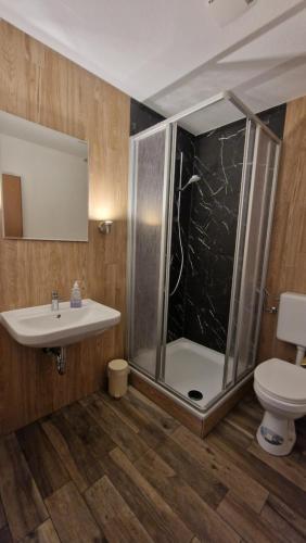 a bathroom with a shower and a sink and a toilet at Hotel Tini in Bad Fallingbostel
