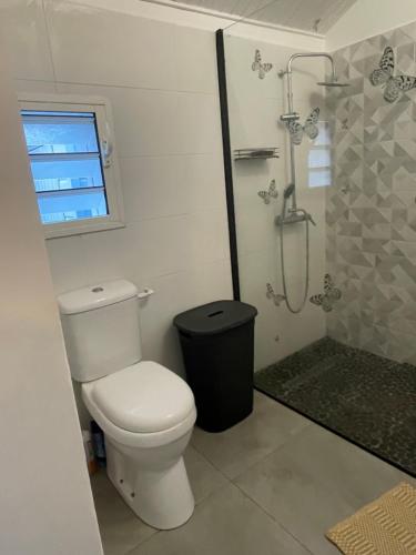 a bathroom with a toilet and a shower at La case d'Édith in Le Tampon