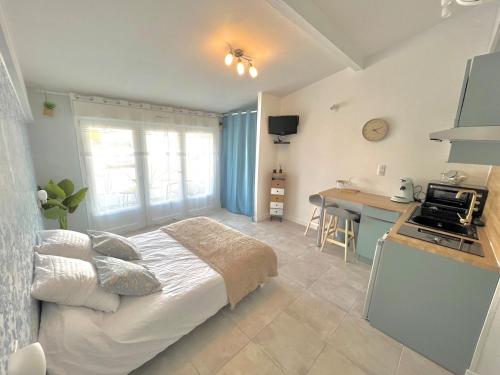 Il comprend une chambre avec un lit et une cuisine avec un bureau. dans l'établissement La Loge de Gustave et son patio avec Wifi et parking privée, à Mont-de-Marsan