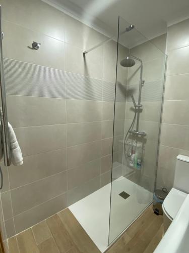 a shower with a glass door in a bathroom at Vivienda 2 dormitorios Churriana-Aeropuerto in Málaga
