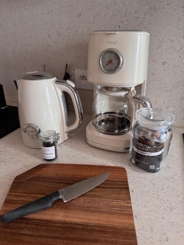 a counter with a blender and a knife on a cutting board at Le studio in Pontrieux