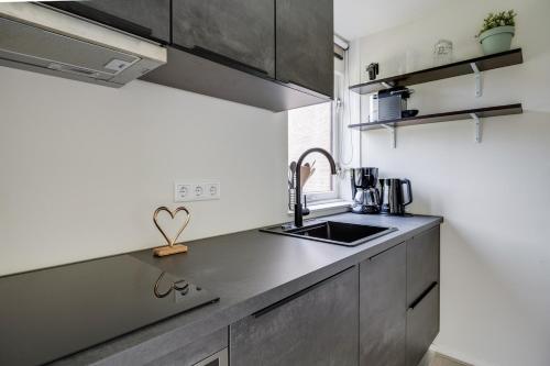 a kitchen with a sink and a counter top at Bladkoning I Trendy Huisje met Openhaard in Zwiggelte