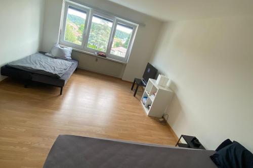 una sala de estar vacía con sofá y ventana en Apartment in Schaffhausen - Nähe Rheinfall, en Schaffhausen