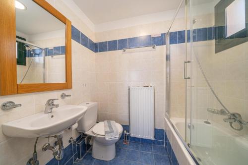 a bathroom with a sink and a toilet and a shower at Villa Niki with swimming pool in Kefallonia