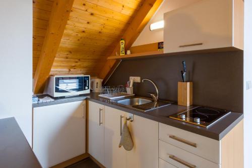 a small kitchen with a sink and a microwave at Chlumecký dvůr in Chlumek