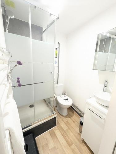 une salle de bain avec une douche en verre et des toilettes dans l'établissement Chambres Poitiers Centre Ville - Salle de Bain, Réfrigérateur, TV et machine à café privatifs - Cuisine commune - Terrasse - Hôtel de ville à 200m, à Poitiers