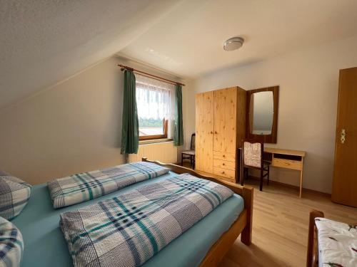 een slaapkamer met een bed, een bureau en een spiegel bij Ferienwohnungen Wiedemann WE 1 in Mellenthin