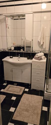 a bathroom with a sink and a large mirror at Apartman Aylin 2 in Tuzla