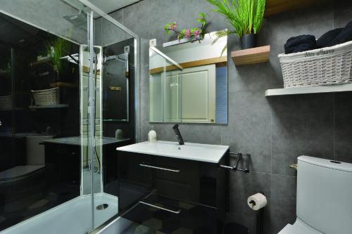 une salle de bain avec un lavabo et une douche dans l'établissement gîte la bohème, à Saint-Valery-sur-Somme