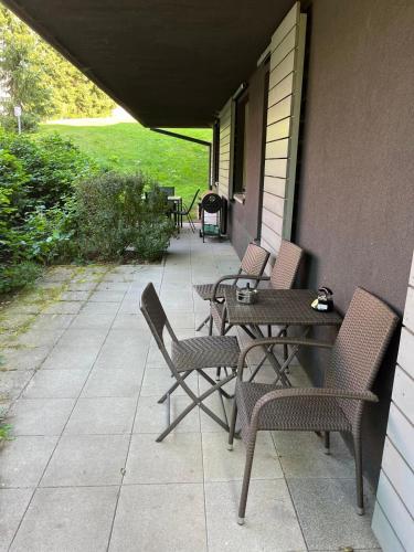 an outdoor patio with chairs and tables and a grill at Apartmán Resident A001 - BEZBARIÉROVÝ Apartmán ideální pro rodiny s dětmi, v těsné blízkosti Anenského údolí, bobové dráhy, Ski areálů, Ski školy, FREE PARKING, FREE WIFI, výhled do zahrady s posezením na terase, dětské hřiště v areálu in Harrachov