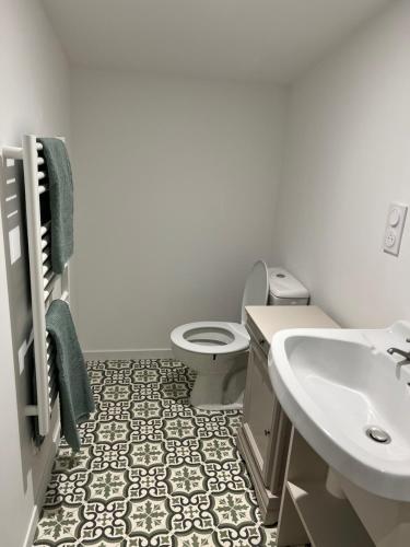 un bagno bianco con lavandino e WC di Chez Marie et Dany a Châteaumur
