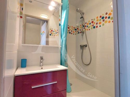 une salle de bain avec un lavabo et une douche dans l'établissement STUDIO 1ERE LIGNE MER AVEC PKG QUARTIER CORNICHE, à Sète