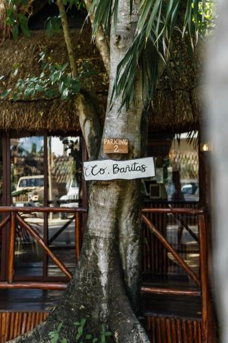 a sign on a tree in front of a building at Eco Bañitas Tulum in Tulum