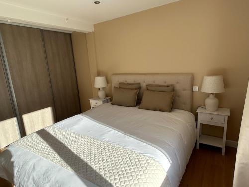 a bedroom with a large bed with two night stands at Le Chalet - maison avec jardin et parking in Lourdes