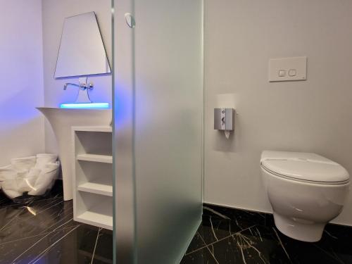 a bathroom with a white toilet and a mirror at Inferno e Paradiso in Gradara