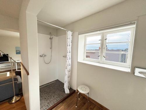 a bathroom with a shower and a window at Pier 7 im Pierspeicher in Kappeln