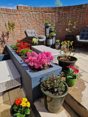 a group of flowers in pots on a patio at Executive, 3-storey town house in Runcorn