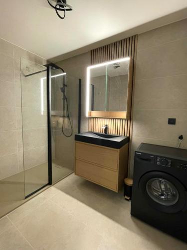 une salle de bain avec une machine à laver et un lave-linge dans l'établissement TOP 3 rooms renovated SEA view 2025, à Cannes