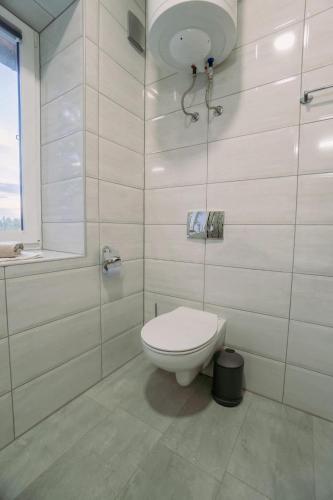 a white bathroom with a toilet and a shower at Apartments LESKOVAR in Ormoz