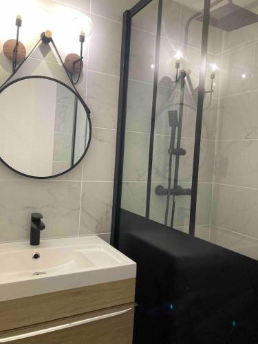 une salle de bain avec une douche avec un lavabo et un miroir dans l'établissement T2 4 personnes - Proche pistes, à Huez