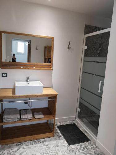 La salle de bains est pourvue d'un lavabo, d'un miroir et d'une porte. dans l'établissement La petite maritaise du petit bois, à Sainte-Marie de Ré