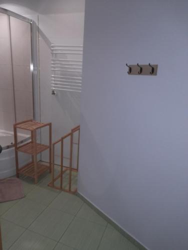 a bathroom with a shower and a stool at Willa Gracja in Wisła
