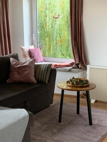 a living room with a couch and a table at Apartament Blumenblick in Rielasingen-Worblingen