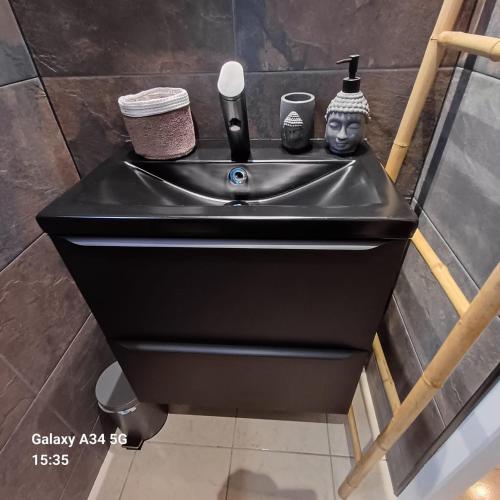 - un lavabo noir dans la salle de bains avec un masque dans l'établissement Les Jasmins de Salelles, à Le Bosc