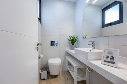 ein weißes Badezimmer mit Waschbecken und Toilette in der Unterkunft Ocean and Palms in Arco da Calheta