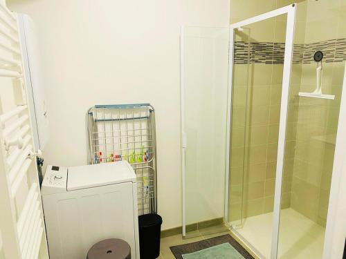 une salle de bain avec douche et machine à laver dans l'établissement Appartement du Fort à Concarneau, à Concarneau