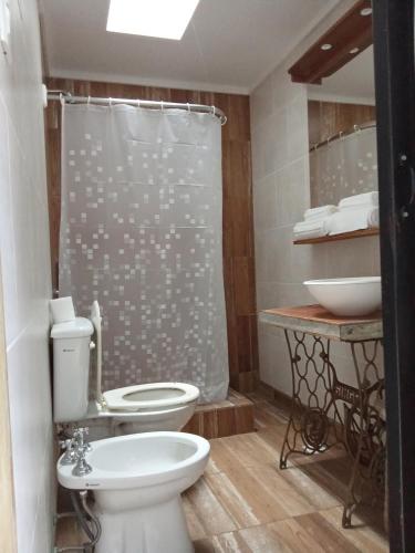 a bathroom with a toilet and a shower at Azul en Lavalle 6 in Azul